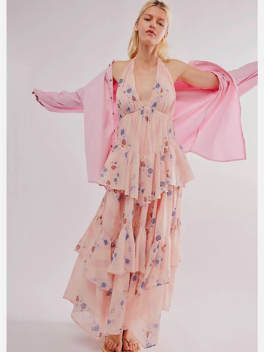 Free People Stop Time Pink Blush Floral Tiered Halter Midi Dress Large